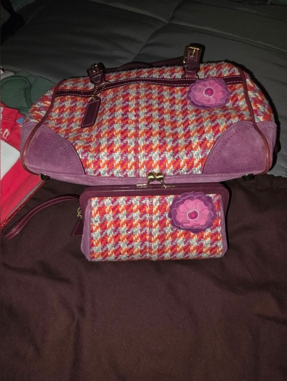 Coach Multicolor Tweed Satchel with Plum Suede Leather Trim *Rare*